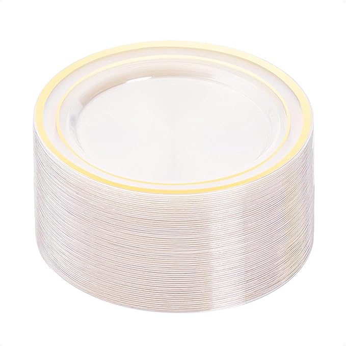 50PCS Clear Gold Plastic Plates, 10.25 Inch Disposable Dinner Plate Party with Gold Rim, Heavy Duty Disposable Plastic Plates for Christmas, Thanksgiving, Party, Wedding and Birthday