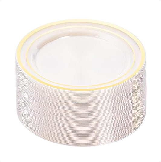 50PCS Clear Gold Plastic Plates, 10.25 Inch Disposable Dinner Plate Party with Gold Rim, Heavy Duty Disposable Plastic Plates for Christmas, Thanksgiving, Party, Wedding and Birthday