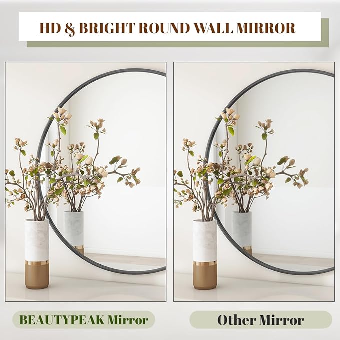 BEAUTYPEAK 32 Inch Round Mirror, Metal Frame Circle Mirror, Wall Mounted for Entryway, Bathroom, Vanity, Living Room, Black
