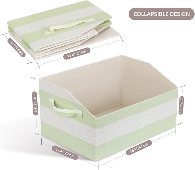 Linen Closet Organizers and Storage, Trapezoid Fabric Bins, Home Office Organization Baskets Striped Collapsible Box with Handles for Clothes, Blanket, Books, DVD, 4 Pack, Green/White