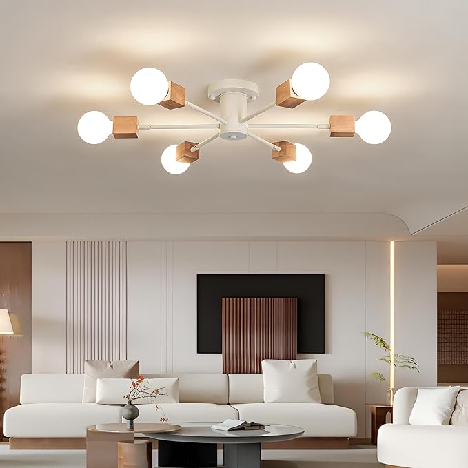 Boho 6-Light Sputnik Chandelier Semi Flush Mount Ceiling Light Fixture Farmhouse Wood and White Ceiling Lamp for Dining Room Living Room Bedroom Kitchen