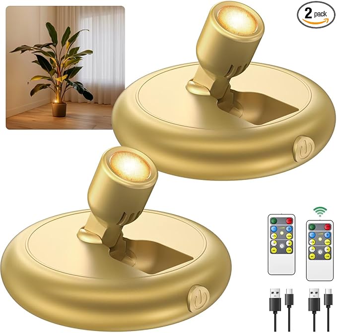 Rechargeable Battery LED Spotlight Indoor: Wireless Mini Art Accent Spot Lights with Timer Remote - Small Dimmable Uplight for Plants Display Painting Dartboard Artwork Portrait Closet (2 Pack-Gold)