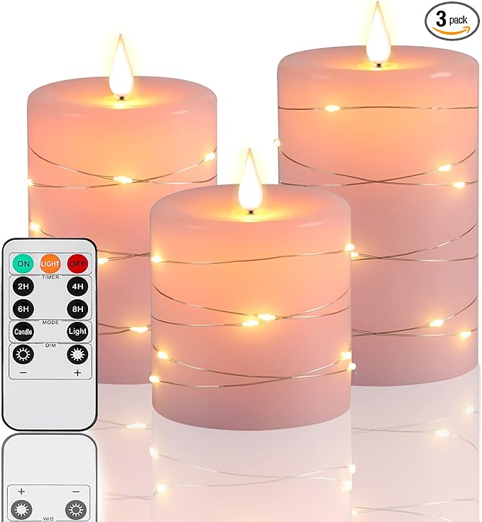 Pink Flameless Candles with String Lights Battery Operated Flickering LED Pillar Candles 4‘’ 5‘’ 6‘’ Candle with Remote Control, Set of 3