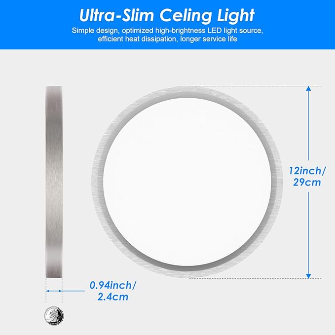 Peasur 12 Inch LED Ceiling Light Brushed Nickel, 24W Slim Flush Mount Ceiling Light 3000K/4000K/6500K Adjustable, Modern Round Ceiling Lighting for Bedroom, Living Room, Kitchen(2 Pack)