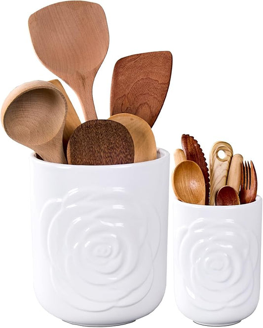 White Ceramic Utensil Holder Set of 2 - Rose Carved Design, Kitchen Countertop Utensil Organizer for Spatula, Spoon & Cooking Tools, Large (7.5") & Small (5.5"), Farmhouse Kitchen Counter Decor