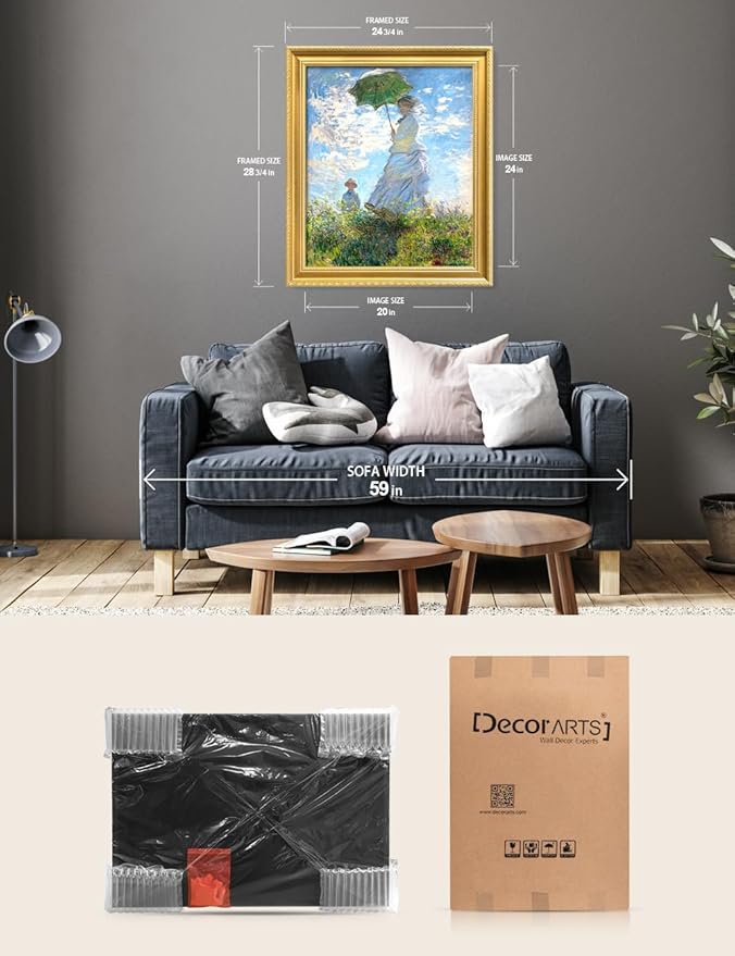 DECORARTS - Claude Monet Woman With A Parasol Giclee Print with Gold Solid Wood Frame, Impressionist Large Framed Wall Art, Ready to Hang, Framed Size 24.75x28.75, Made in USA