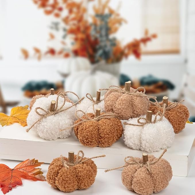 Fall Pumpkin Decorations for Home, 9 Pcs Artificial Mini Fabric Pumpkins Autumn Decor, Fake Pumpkins for Decorating, Fall Wedding Table Centerpiece Mantel Decor, Thanksgiving Halloween Decor Indoor