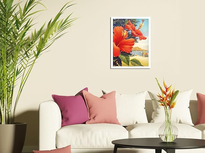 Hibiscus Beach Day - Waikiki Beach - Red Hibiscus - Vintage Hawaiian Travel Poster by Kerne Erickson - Master Art Print (Unframed) 13in x 19in