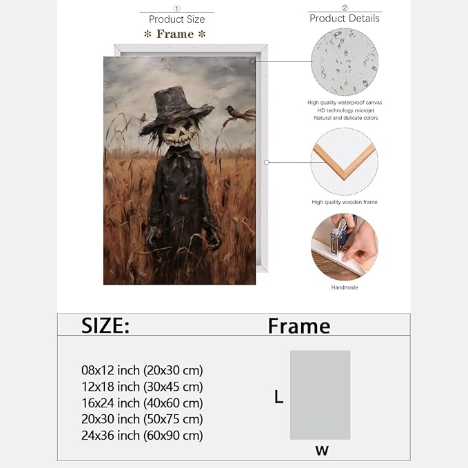 Vintage Fall Wall Art Cute Scarecrow in Field Posters Scarecrow Pictures Canvas Prints Autumn Cornfield Cottage Core Halloween Room Decor 16x24inch Framed