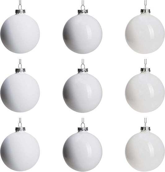DN DECONATION White Glass Christmas Ornaments, Set of 9, 3' Hanging Christmas Baubles for Xmas Tree Decoration, Wedding Party Gift