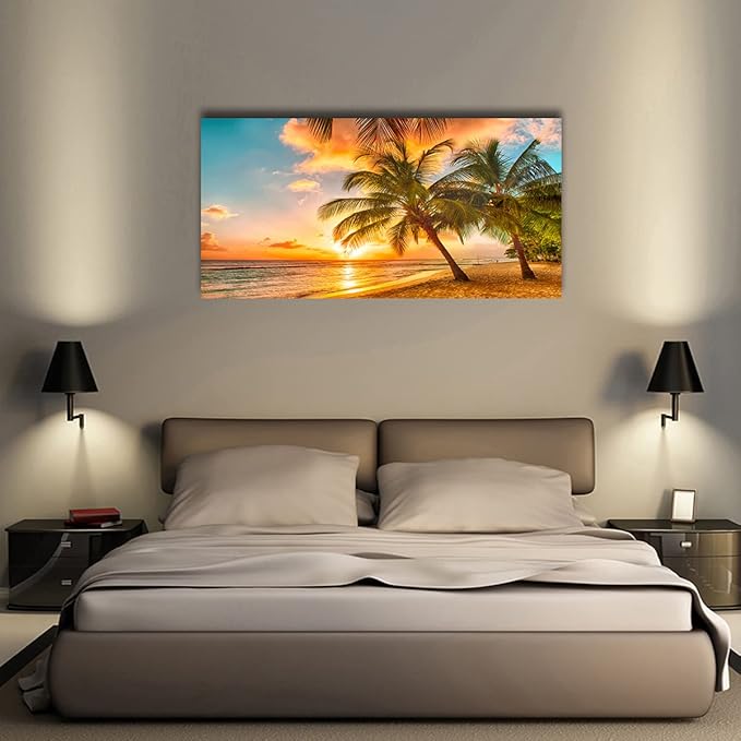 Beach Themed Wall Art Canvas Prints Seascape Picture Bathroom Décor Ocean Tree Sunset Paintings for Living Room Bedroom Office Home Kitchen Decorations 28x57 Wooden Framed Natural Landscape Artwork