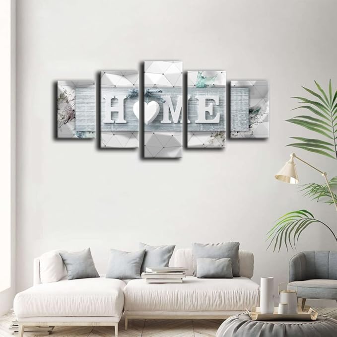 AWLXPHY Decor Heart of Home Love Wall Art Blue and White 5 Panels Framed Canvas Painting for Living Room Decoration Modern Still Life Love Stretched Artwork (Blue, W80 x H40)