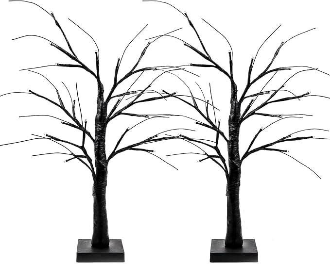 Halloween Decorations Indoor, 2-Pack 2FT Lighted Black Halloween Tree with 48 LED Orange & Purple Lights, Timer Function Battery Operated Halloween Trees Lights Spooky Tree for Tabletop Home Party