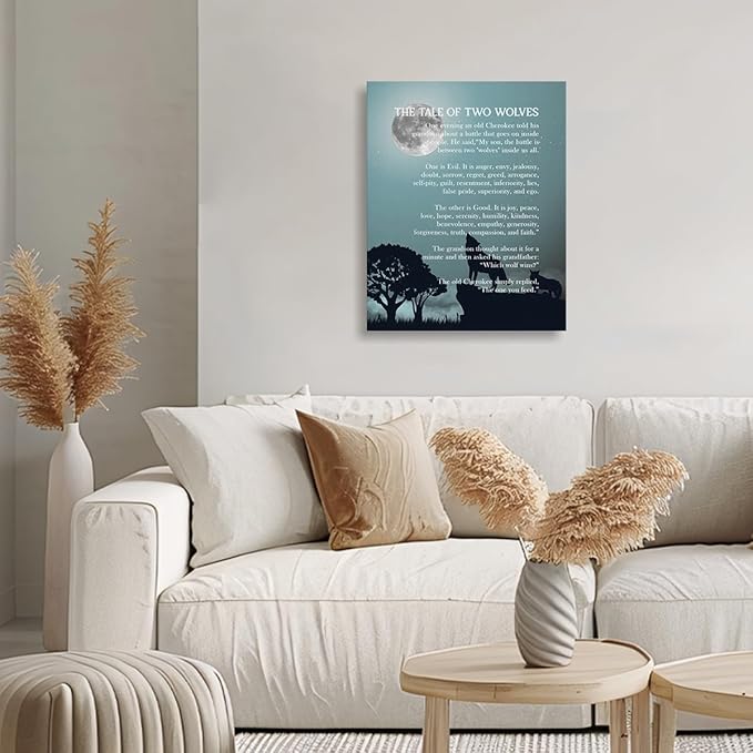 Wolf Wall Art, Wolf Poster, The Tale of Two Wolves, Canvas Wall Art Inspirational Quote Decor 6x20 inch