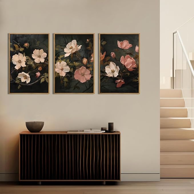 IARTTOP Large Black Floral Framed Canvas Wall Art 16x24 Inch Dark Moody Floral Art Prints Set of 3 Modern Botanical Wildfower Wall Decor for Living Room Bedroom Office
