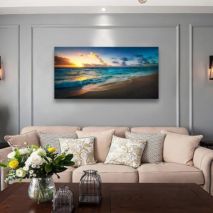 Beach Pictures Wall Art Canvas Prints Seascape Themed Decor for Home Sea Ocean Sunset Paintings for Living Room Bathroom Wall Decorations Natural Landscape Artwork Wooden Picture Frames 24x48 inches