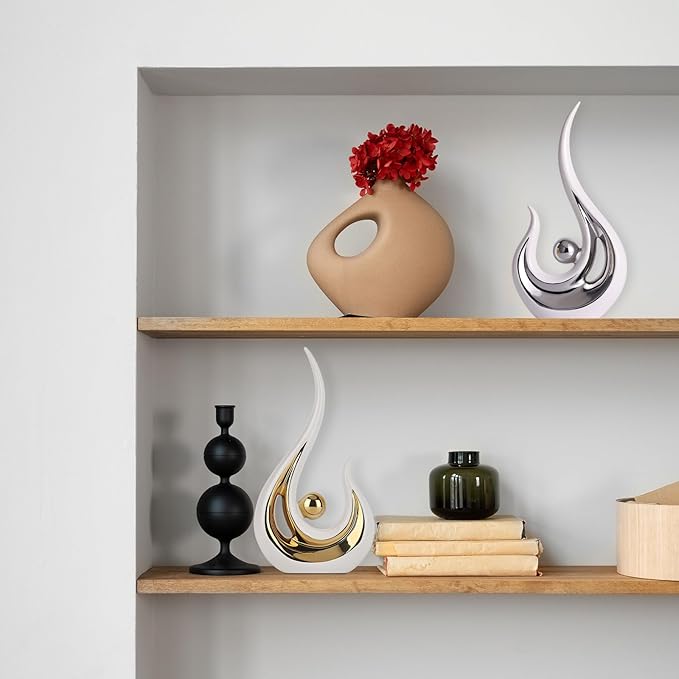 LCCCK White Silver Abstract Figurine Statues for Home Decor – Modern Ceramic Sculpture Accent, Decorative Statues for Living Room, Shelf, TV Stand, Office or Coffee Table Centerpiece Art Decoration