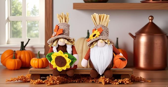 2pcs Fall Gnomes Plush Decorations for Home, Cute Thanksgiving Gnomes Plush Pumpkin Maple Leaves Fall Gnome Set Home Indoor Table Tiered Tray Decor, Thanksgiving Harvest Autumn Holiday Decoration Gift