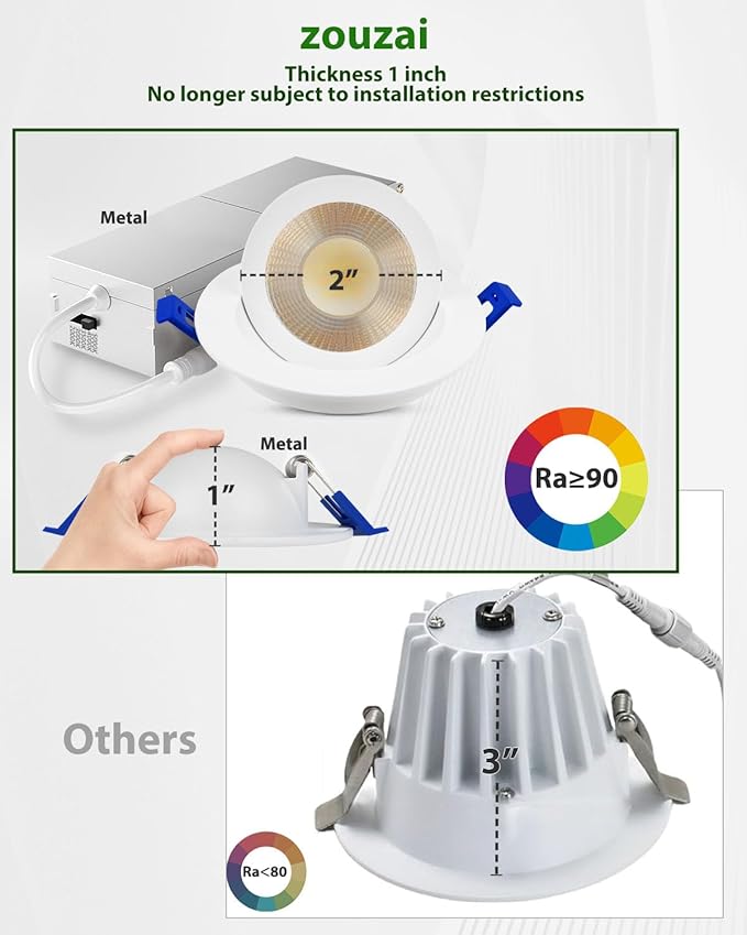 zouzai 5CCT LED Gimbal Led Recessed Light with Junction Box, 360°+90° Adjustable Directional Eyeball Lighting, Dimmable, 2700K/3000K/3500K/4000K/5000K,ETL&Energy Star (White 1 Pack, 2 inch)