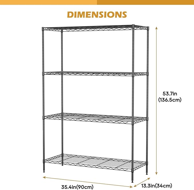 PayLessHere 4 Tier Shelving Unit 13.4" D× 35W×53.7" H Metal Shelving Standing Storage Shelf with 4 Steel Frame Adjustable Layer Racks Metal Commercial Shelf for Kitchen, Garage (Black)