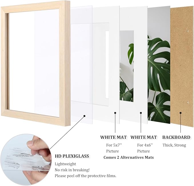 Egofine 8x10 Picture Frames Set of 4, Made of Solid Wood Covered by Plexiglass 4x6 and 5x7 with Mat or 8x10 without Mat, for Table Top Display and Wall Mounting Photo Frame Oak Wood