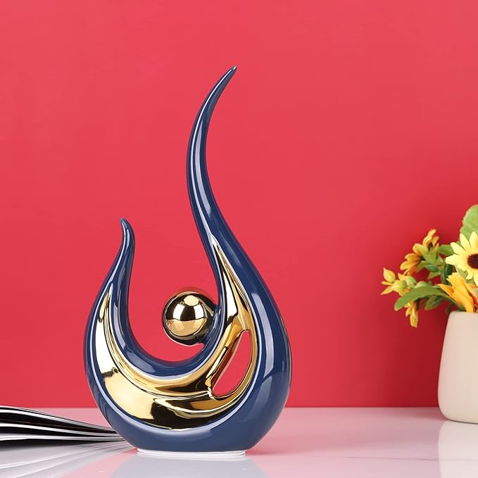 LCCCK Blue Gold Abstract Figurine Statues for Home Decor – Modern Ceramic Sculpture Accent, Decorative Statues for Living Room, Shelf, TV Stand, Office or Coffee Table Centerpiece Art Decoration