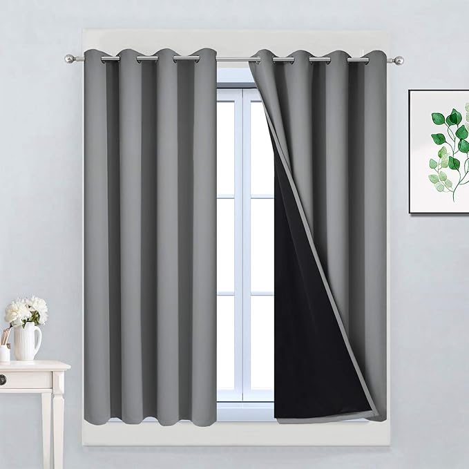 Yakamok Gray 100% Blackout Curtains 45 Inches Long, Full Light Blocking Thermal Insulated Blackout Drapes with Black Liners for Bedroom(Grey, 2 Panels, 52W x 45L)