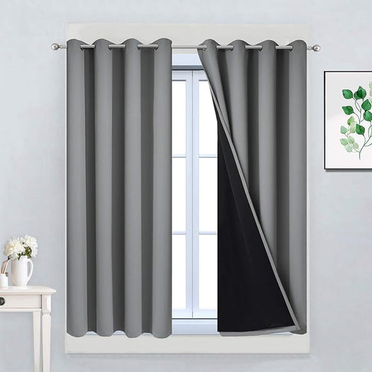 Yakamok Gray 100% Blackout Curtains 45 Inches Long, Full Light Blocking Thermal Insulated Blackout Drapes with Black Liners for Bedroom(Grey, 2 Panels, 52W x 45L)