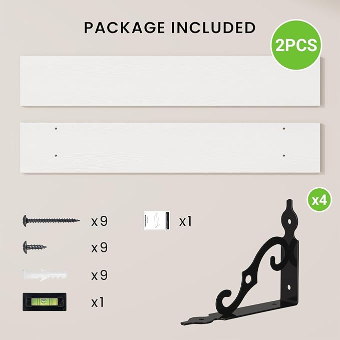 RICHFOCUS Floating Shelves for Wall Decor, 47.3W x 8D Wall Shelves Set of 2, 8 Inch Deep Rustic Wood Shelves Wall Mounted with Brackets, Long Floating Shelves for Living Room Bedroom Kitchen, White