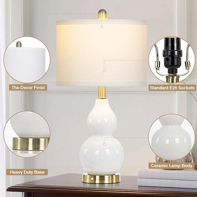 22" Modern Double Gourd Ceramic Table Lamps Set of 2, White Bedside Lamps for Living Room, Contemporary Nightstand Desk Lamps for Bedroom End Table Home Office Decor(2 LED Bulbs Included)