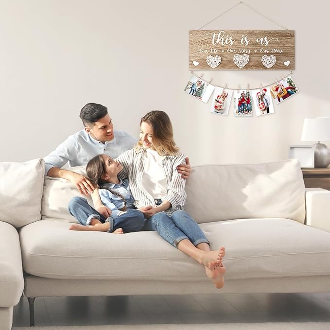 AKEROCK Couples Christmas Gifts, This Is Us Wall Decor, Rustic Wooden Hanging Christmas Picture Frame - Christmas Gift for Couples, Family, Housewarming, Home, Wedding - Natural