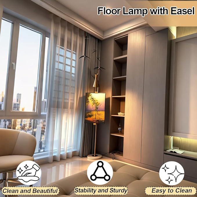 Metal Floor Lamp with Easel, Adjustable 360° Swing-Arm Standing Lamps, 67in Tall Lamp with Marble Base for Living Room, Painting Rooms, Bedroom, Offices, Courtyards, Gold