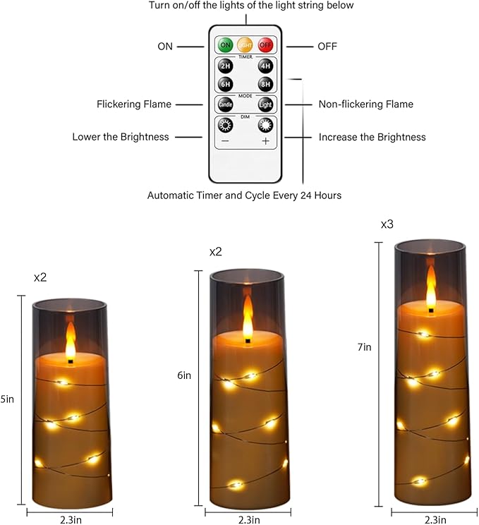 Flameless Candles,with Embedded Star String, Battery Operated Candles Flickering LED Pillar Candles with Remote Control and Timer, Home Decoration Add a Warm and Romantic Atmosphere，Set of 7 (Grey)