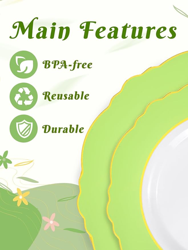WDF 150Pcs Green Plates Disposable - Baroque Green and Gold Plates - 25Guest Plastic Dinnerware Ideal for Party/Spring/Picnic