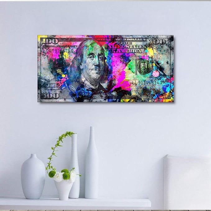 Colorful 100 Dollars Bill Wall Art Giclee Canvas Print Office Decor Money Pop Art Entrepreneur Motivational 100 Bill Cash Benjamin Franklin Dollar Print Art for Study Room Gym Coffee Shop-32"Wx16"H