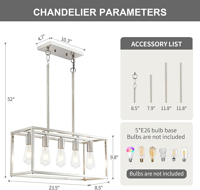 5-Light Pendant Lights for Kitchen Island Modern Dining Room Chandelier Linear Rectangular Kitchen Light Fixtures Hanging Lights for Dining Room Adjustable Height E26 Base Brushed Nickel