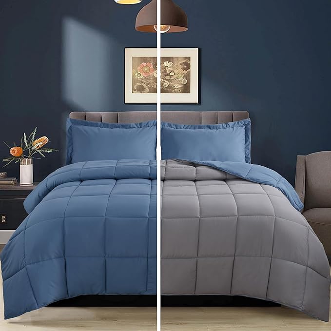 HIG 3pc Dusty Blue Queen Size Comforter Set - All Season Reversible Down Alternative Comforter with Sham - Quilted Duvet Insert with Corner Tabs - Box Stitched Blanket - Breathable, Soft, Fluffy