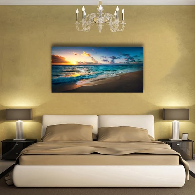 Beach Pictures Wall Art Canvas Prints Seascape Themed Decor for Home Sea Ocean Sunset Paintings for Living Room Bathroom Wall Decorations Natural Landscape Artwork Wooden Picture Frames 28x57 inches