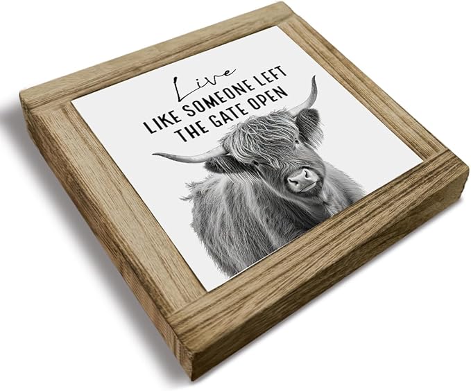 Vintage Decor, Funny Cows Wood Sign, Rustic Farmhouse Home, Decorative Signs - Live Like Someone Left The Gate Open, Tabletop Decor and Gift for Cow Lovers 5.9×5.9×0.7inch