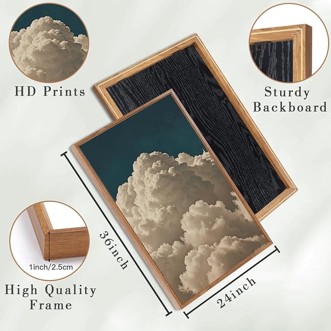 IARTTOP Extra Large Cloud Canvas Wall Art 24x36 Inch Framed Abstract Modern Landscape Wall Decor Navy Blue Sky Painting Set of 3 for Bedroom Living room