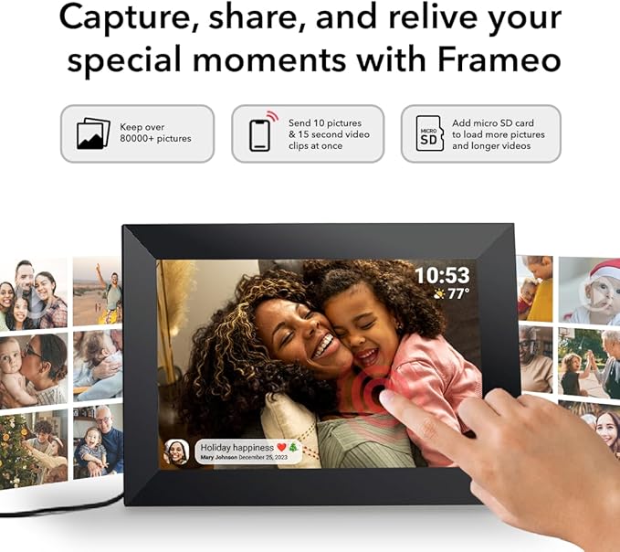Frameo 10.1 Inch WiFi Digital Picture Frame with 1280 * 800P IPS Touch Screen HD Disply,Video Clips and Slide Show,Auto-Rotate, Wall Mountable,Send Photos Instantly from Anywhere with via Frameo APP