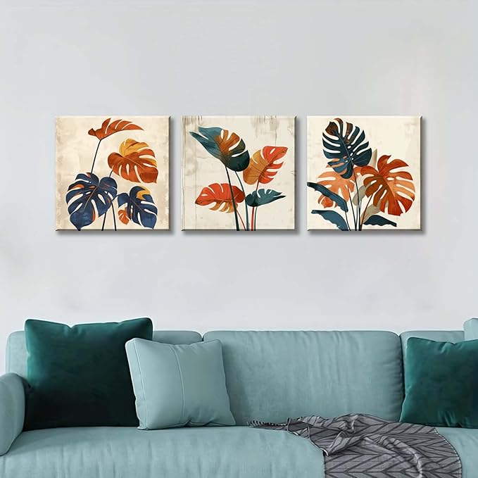 NAN Wind 3Pcs Modern Mid-century Abstract Tropical Monstera Leaf Canvas Art Orange and Blue Botanical Wall Print Minimalist Wall Decor Tropical Leaves Framed Wall Art for Contemporary Home Decor