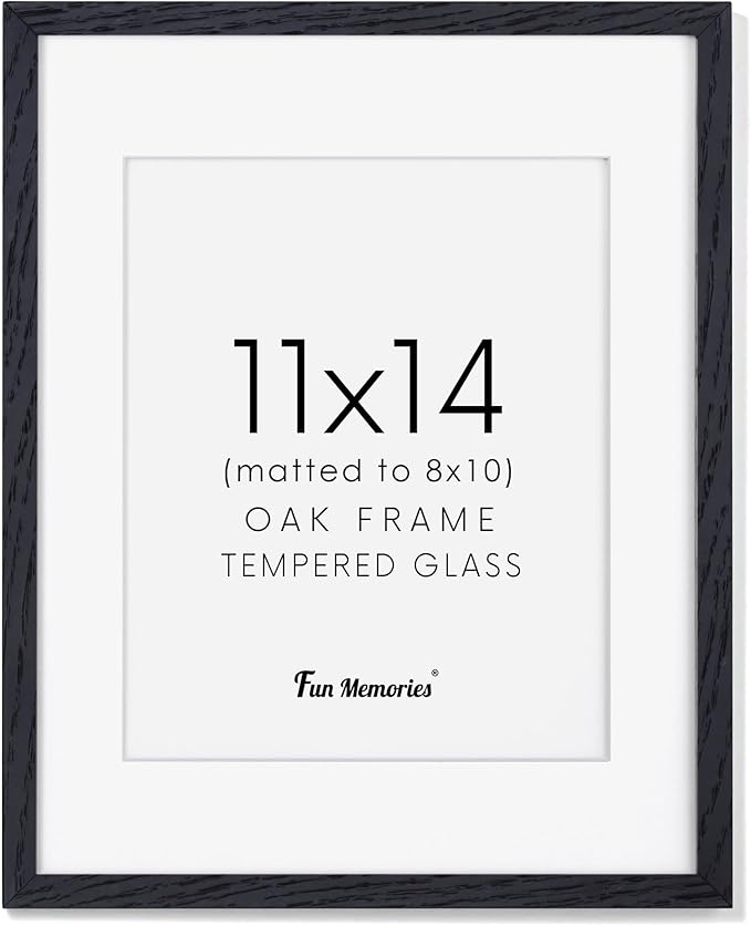 Fun Memories 11x14 Picture Frame in Black, Solid Oak Wood, Tempered Glass, 11"x14" Frame, Matted to 8x10