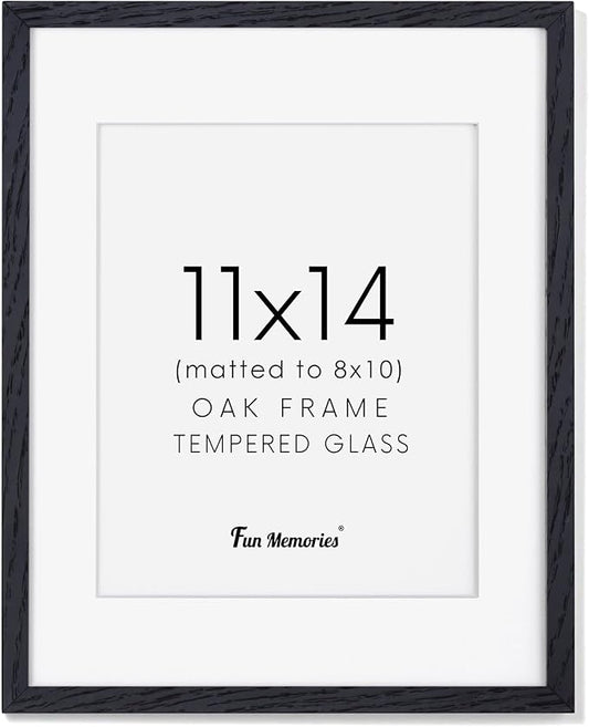Fun Memories 11x14 Picture Frame in Black, Solid Oak Wood, Tempered Glass, 11"x14" Frame, Matted to 8x10