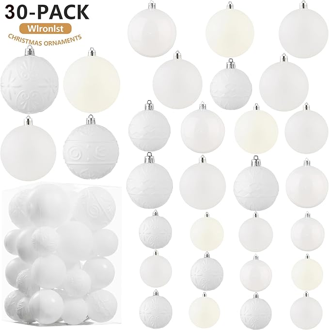 Wironlst Christmas Ball Ornaments - 30pcs Shatterproof Plastic Christmas Ornaments Hanging Ball Decorations for Xmas Tree, Holiday, Wedding, Party (Multi-Size, White)