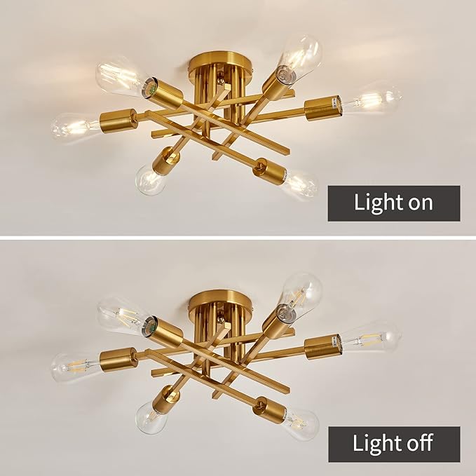ASGYISA 6-Lights Semi Flush Mount Ceiling Light Fixture Gold Modern Matte Sputnik Chandelier Vintage Ceiling Lamp Farmhouse for Kitchen Bedroom Dining Room Living Room with E26 Bulb Base