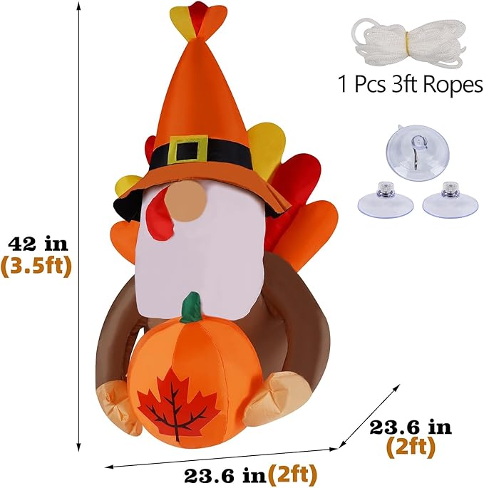 Juegoal Fall Decor Window Inflatable Gnome, 3.5FT Light Up Thanksgiving Gnome with Turkey Wings Holds Pumpkin, Animated Autumn Harvest Front Door Roof Prop, Outdoor Indoor Holiday Party Blow up Decor