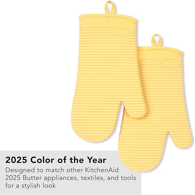 KITCHENAID Ribbed Soft Silicone Oven Mitt 2-Pack Set, 7.5"x13", Butter Yellow