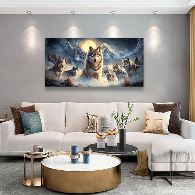 Wolf Pack Pictures Canvas Wall Art for Living room Office Bedroom Wall Decor, Moon Wall Art Print Paintings Modern The Wolf Gray Zoon Artwork Waterproof Ready to Hang-20x40inch