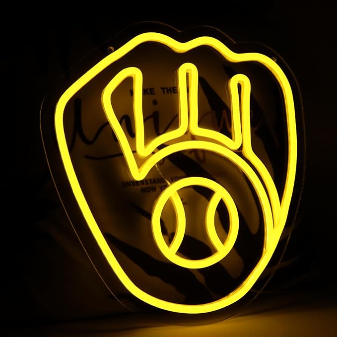 Balanar Baseball Neon Signs for Garage or Man Cave Decor, Gifts With Milwaukee Basebll or Rugby Team Logo, Yellow Baseball Neon for Parties, Bars,Dorms, Office Wall Art and Game Room Decor